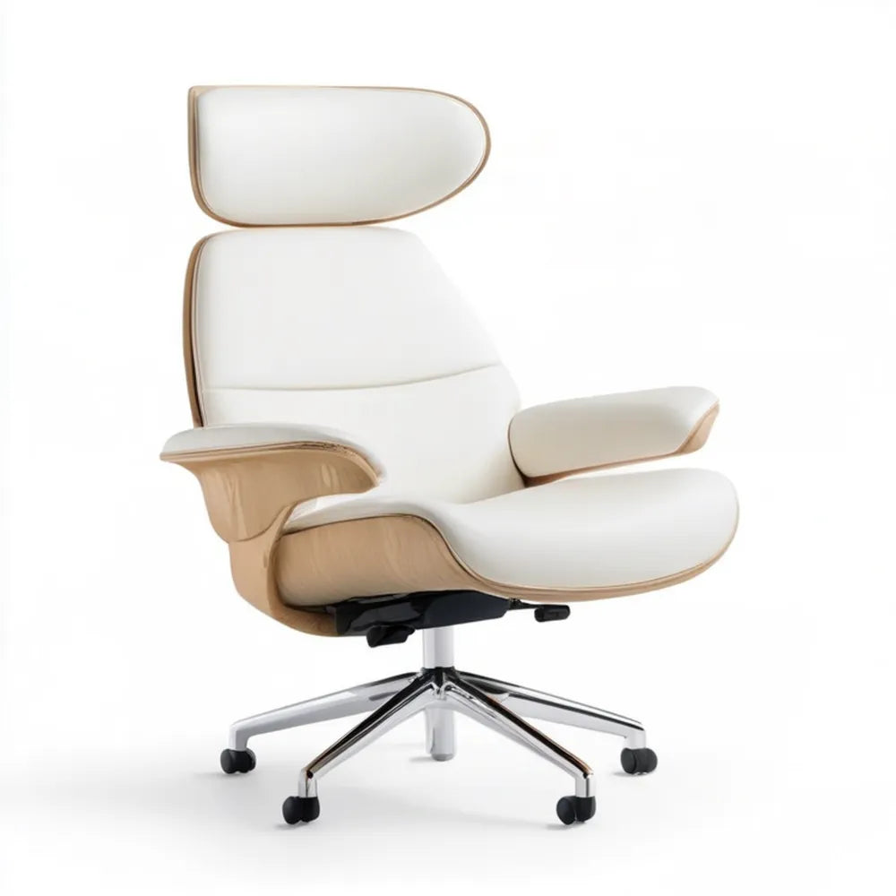 Ergonomiczny fotel biurowy obrotowy z zagłówkiem, biały/jasne drewno, 68 x 68 x 118–128 cm