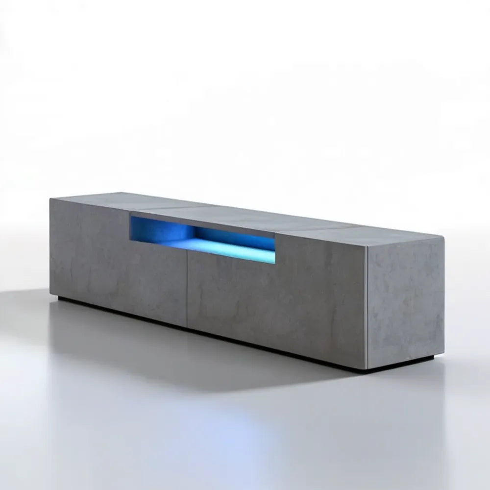 Szara betonowa szafka RTV z niebieskim oświetleniem LED, 140 x 40 x 40 cm
