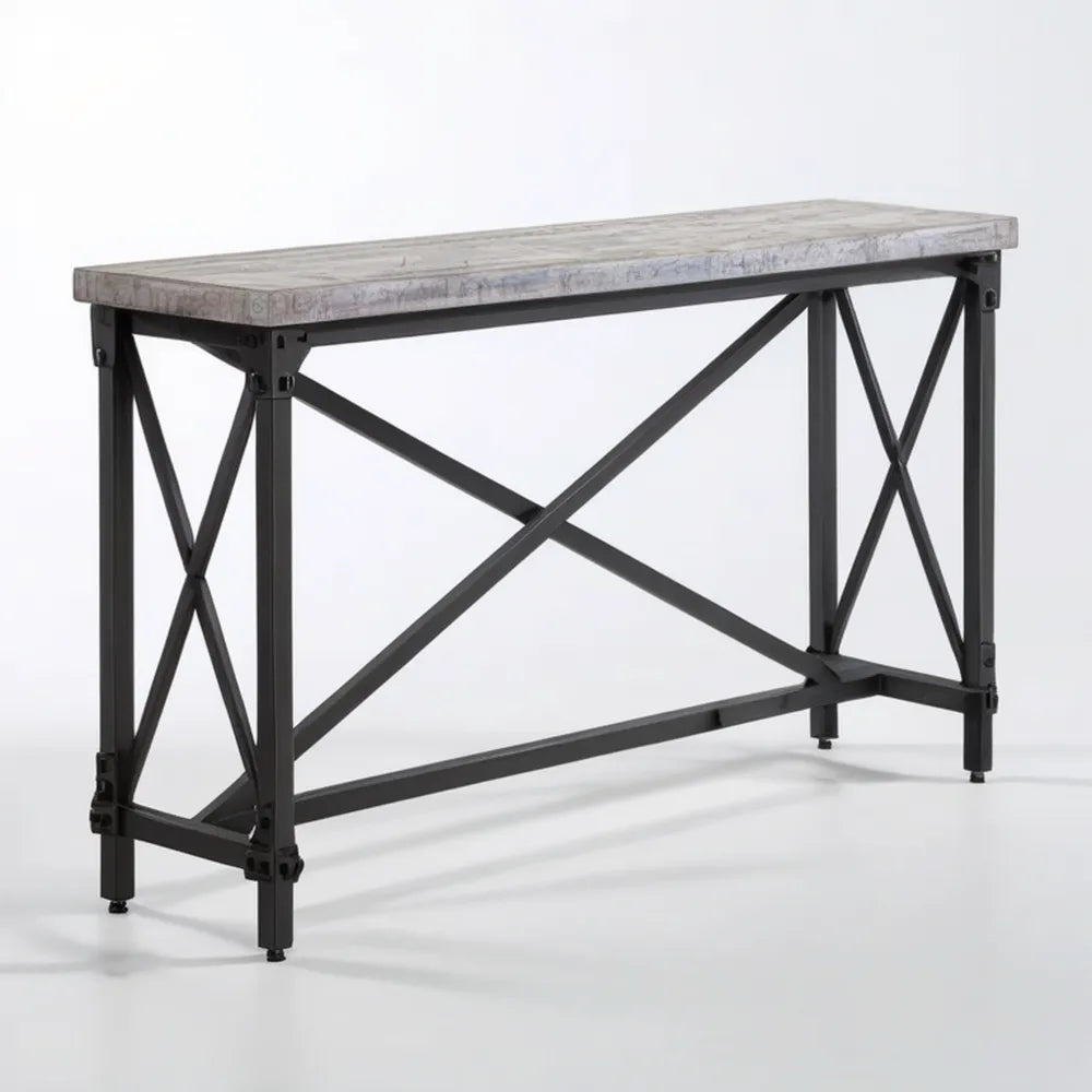 Składana konsola industrialna z blatem MDF i stalową ramą, szaro-czarna, 120 x 40 x 75 cm