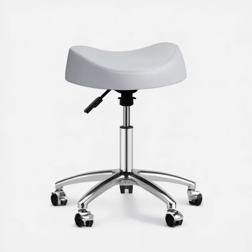 Biały stołek obrotowy z regulacją wysokości 48–61 cm, siedzisko PU 47 × 45 cm